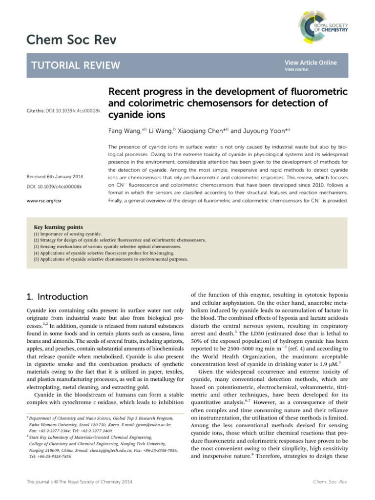 Chemosensors for Cyanide Detection | PDF | Cyanide | Chemical Reactions