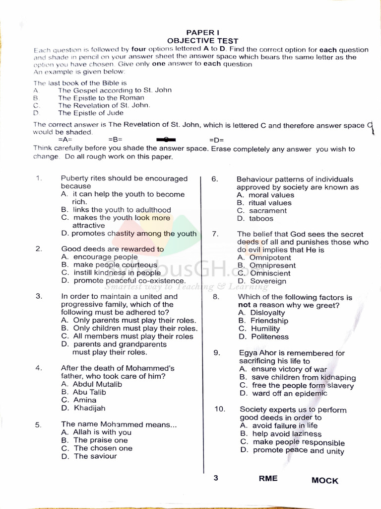 RME Mock Questions for JHS 3 2025 | PDF | Muhammad | Salvation