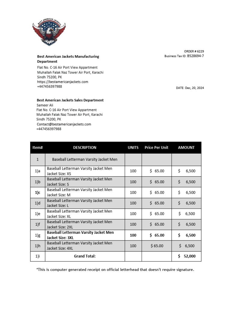 Manufacturer Invoice # 6229 | PDF