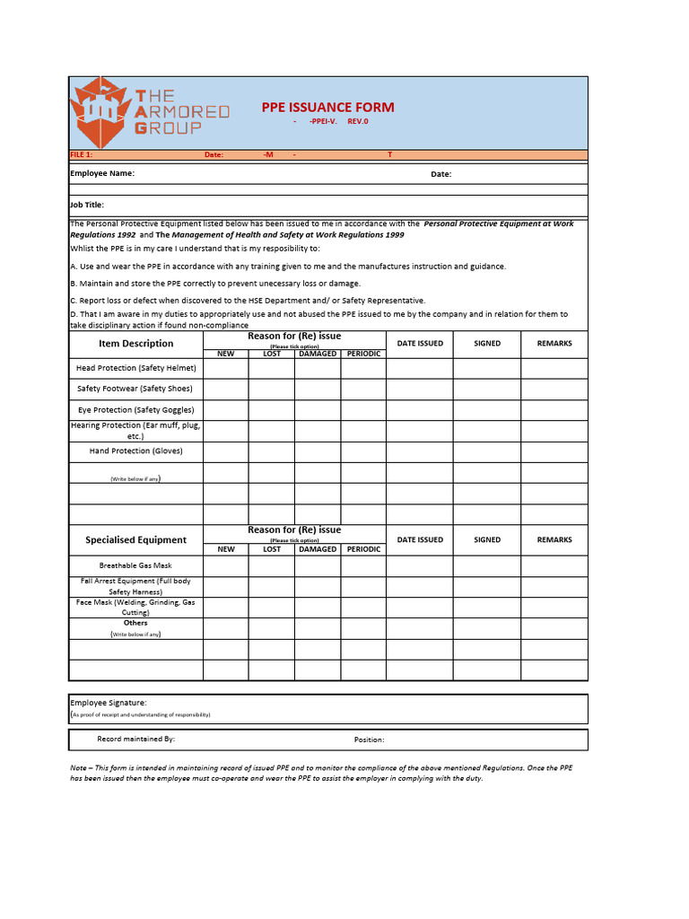 PPE Issuance Record Template | PDF | Personal Protective Equipment ...
