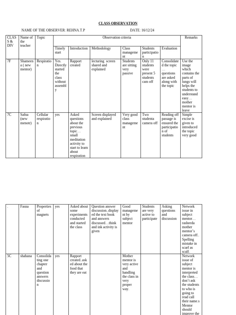 Class Observation Report Summary Pdf Learning