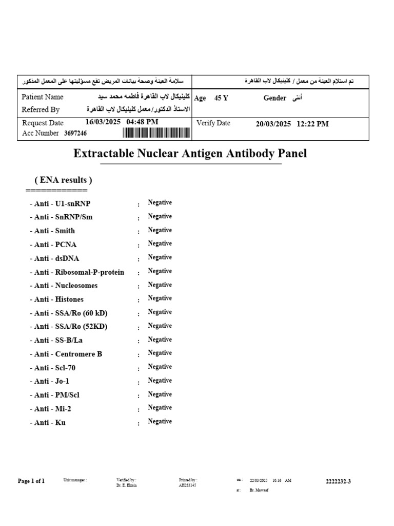 Extractable Nuclear Antigen Antibody Panel: (ENA Results) | PDF
