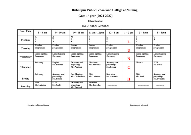GNM 1st Year Class Routine 2024-2027 | PDF
