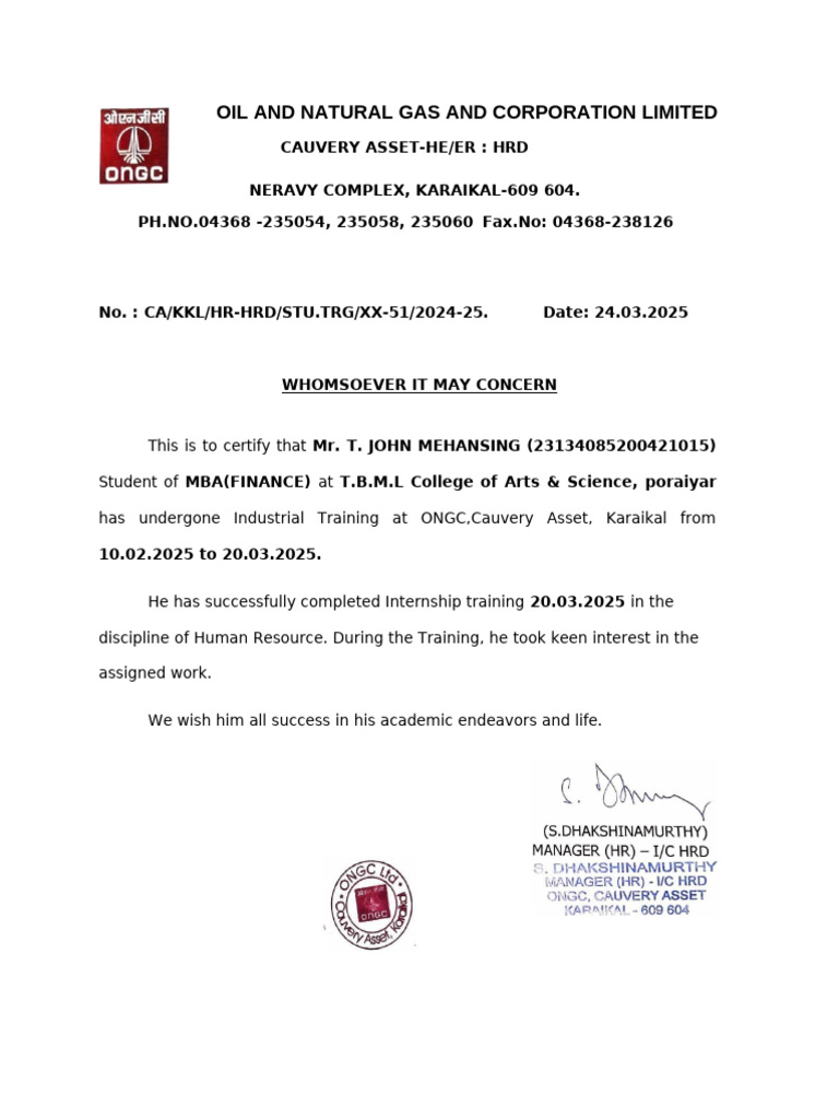 ONGC Cauvery Asset Internship Certificate | PDF