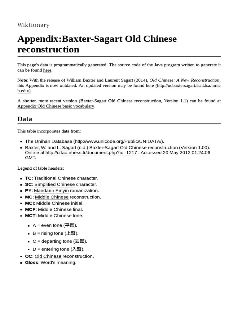 00 Appendix Baxter-Sagart Old Chinese Reconstruction | PDF ...