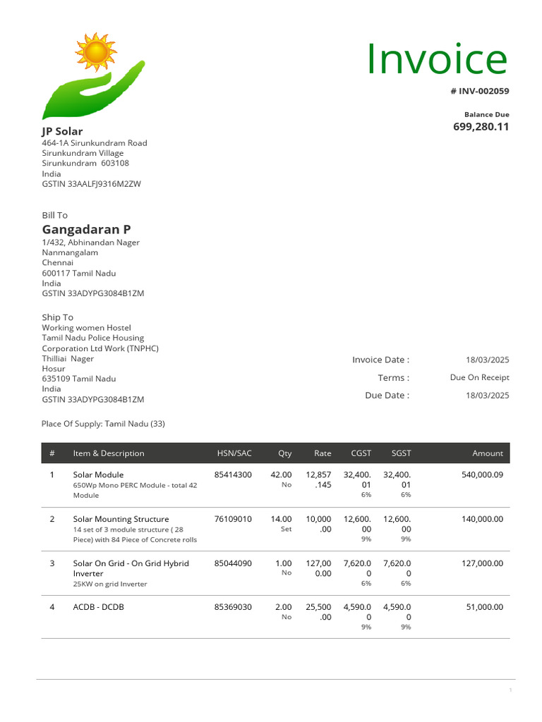 Solar Invoice for Gangadaran P | PDF | Sustainable Technologies ...