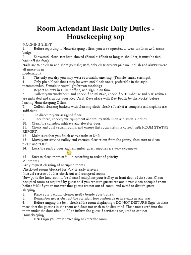 Room Attendant Daily Duties Guide | PDF | Housekeeping | Clothing