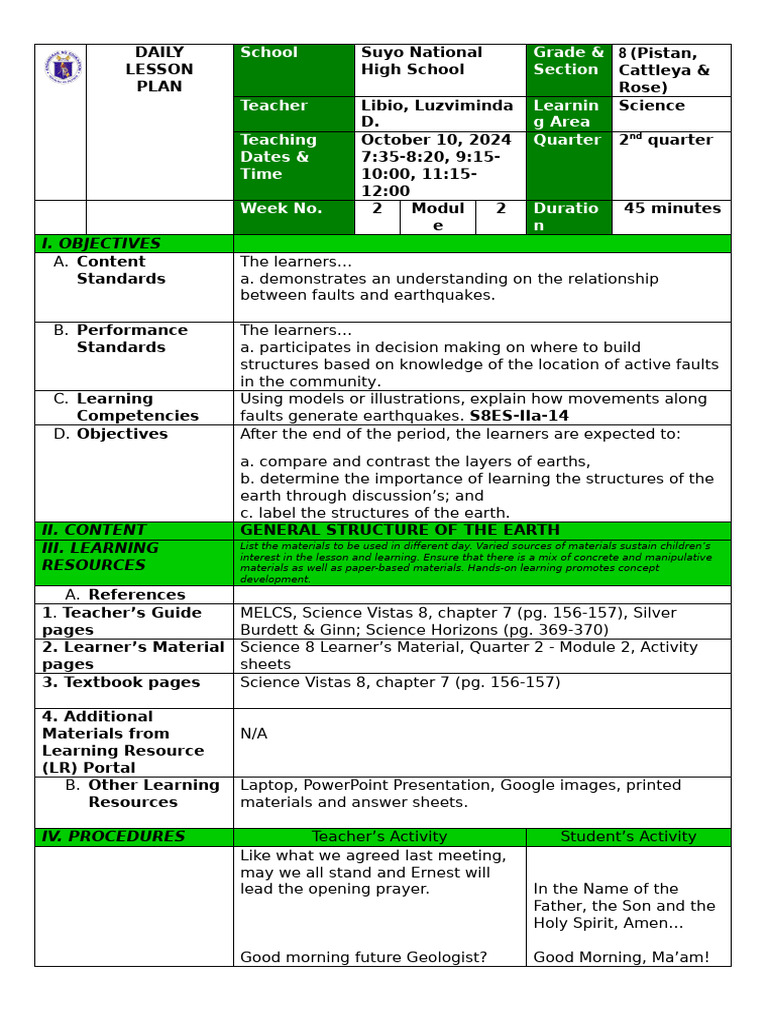 Grade 8 Science Lesson Plan: Earth's Structure | PDF | Plate Tectonics ...