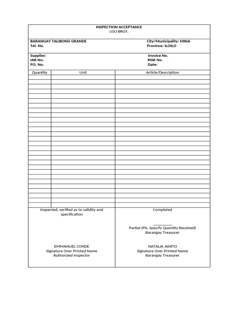 Barangay Inspection Acceptance Document | PDF