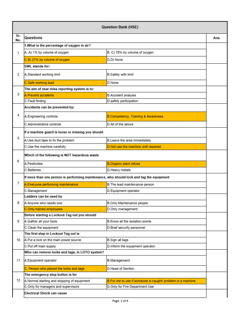 HSE Exam Question Bank for Workers | PDF | Occupational Safety And ...