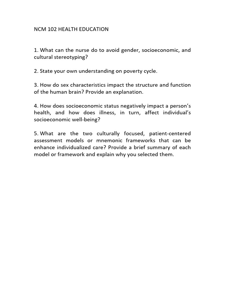 NCM 102 Health Education Classwork | PDF