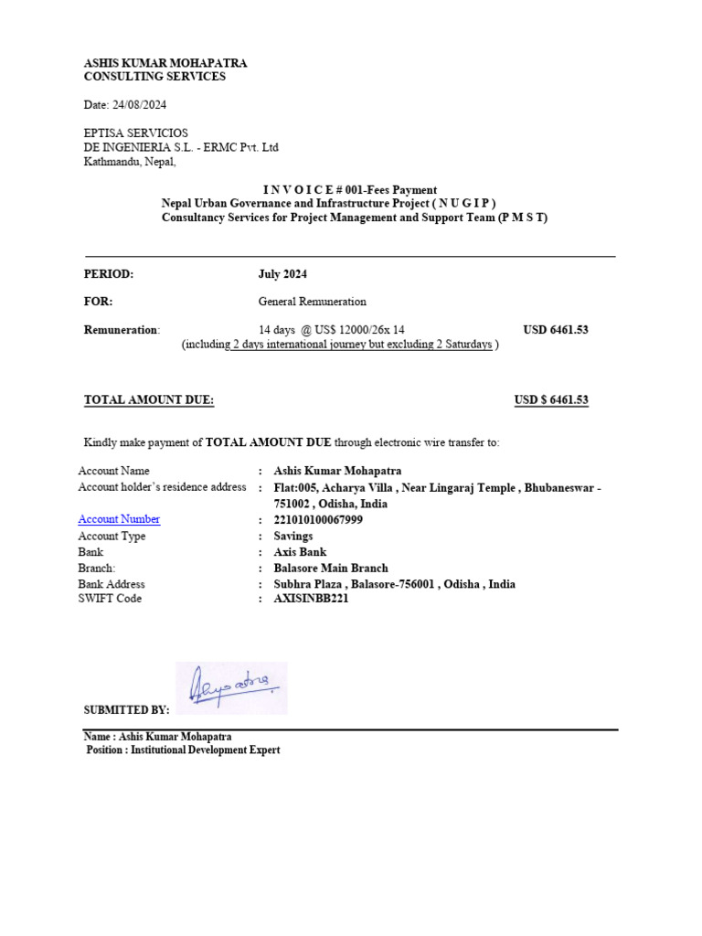 Ashish Mahapatra Jul'24 Invoice | PDF