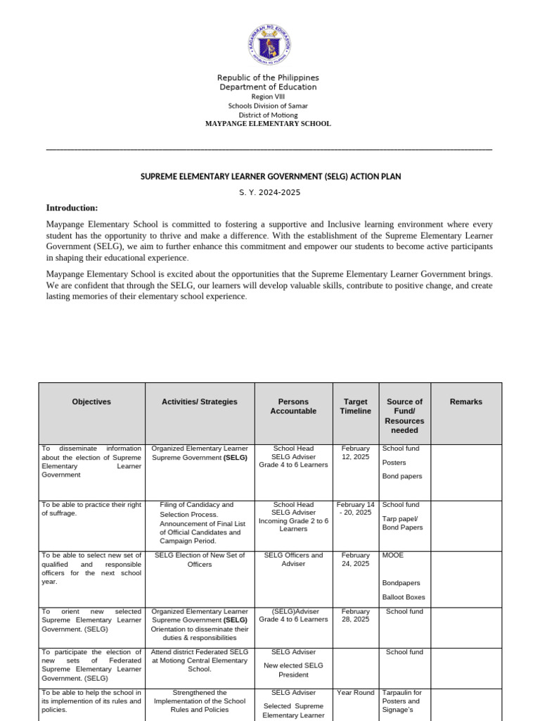 SELG Action Plan 2024-2025 Overview | PDF