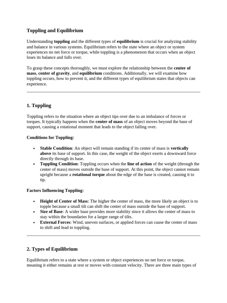 Toppling and Equilibrium | PDF | Force | Center Of Mass