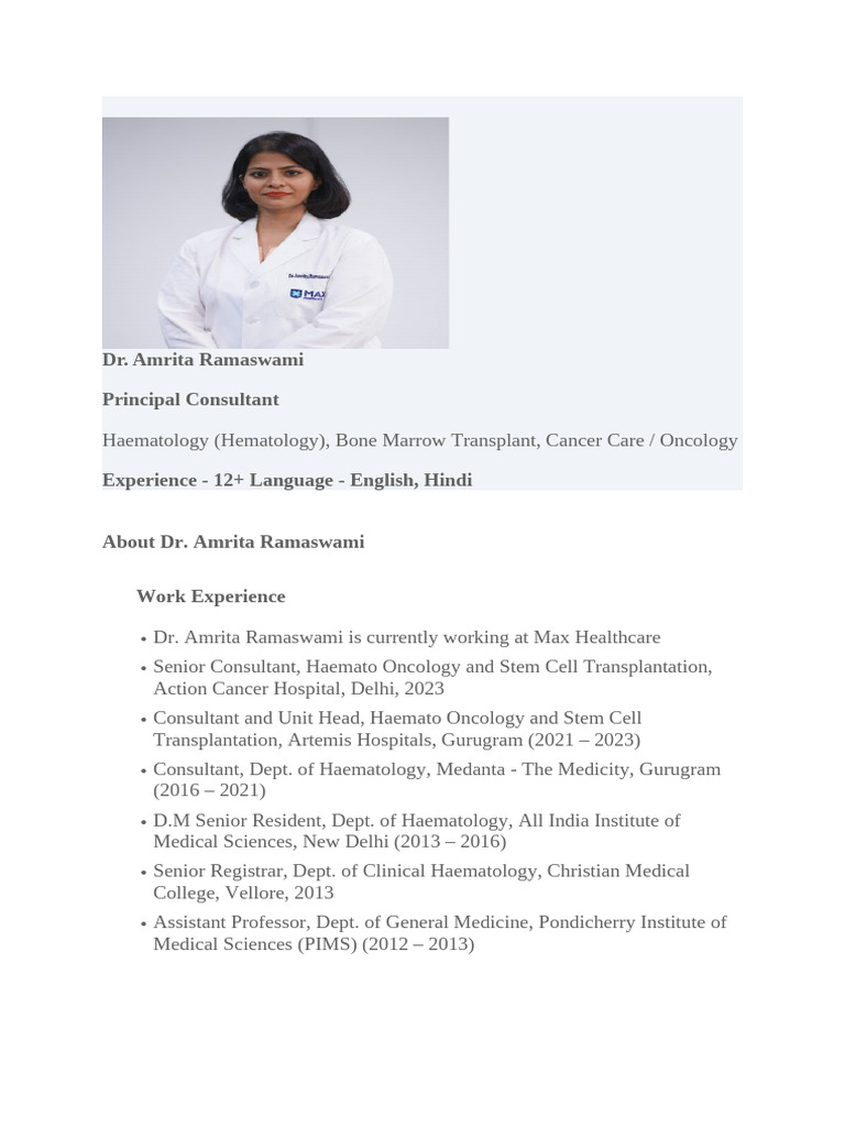 Dr. Amrita Ramaswami: Hematology Expert | PDF | Hematopoietic Stem Cell ...