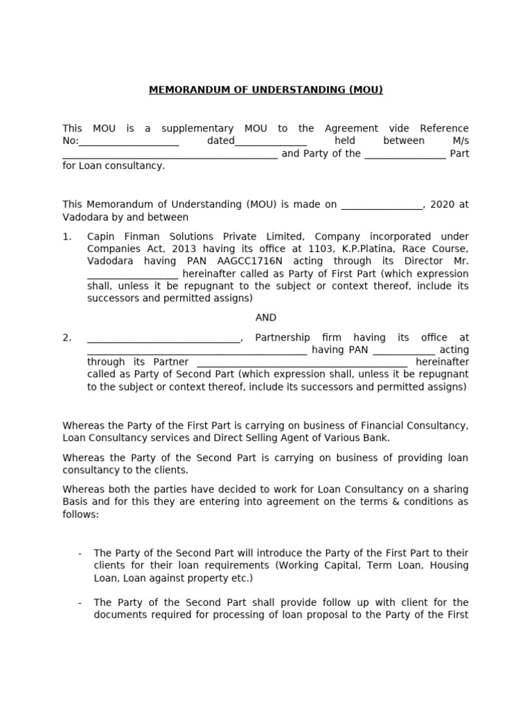 Loan Consultancy MOU Agreement | PDF | Business | Private Law