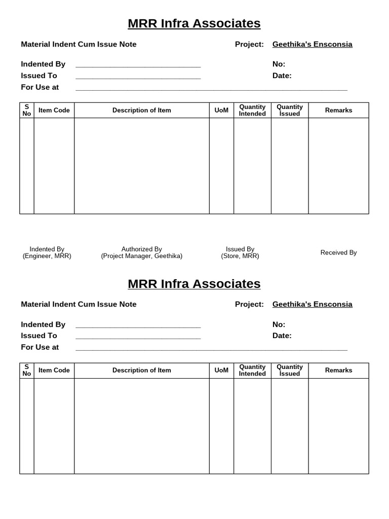 Geethika Material Indent Note | PDF