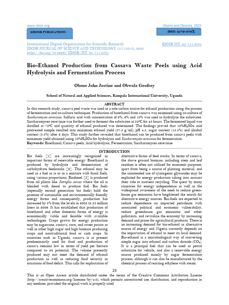 Bioethanol from Cassava Peels Production | PDF | Biofuel | Ethanol