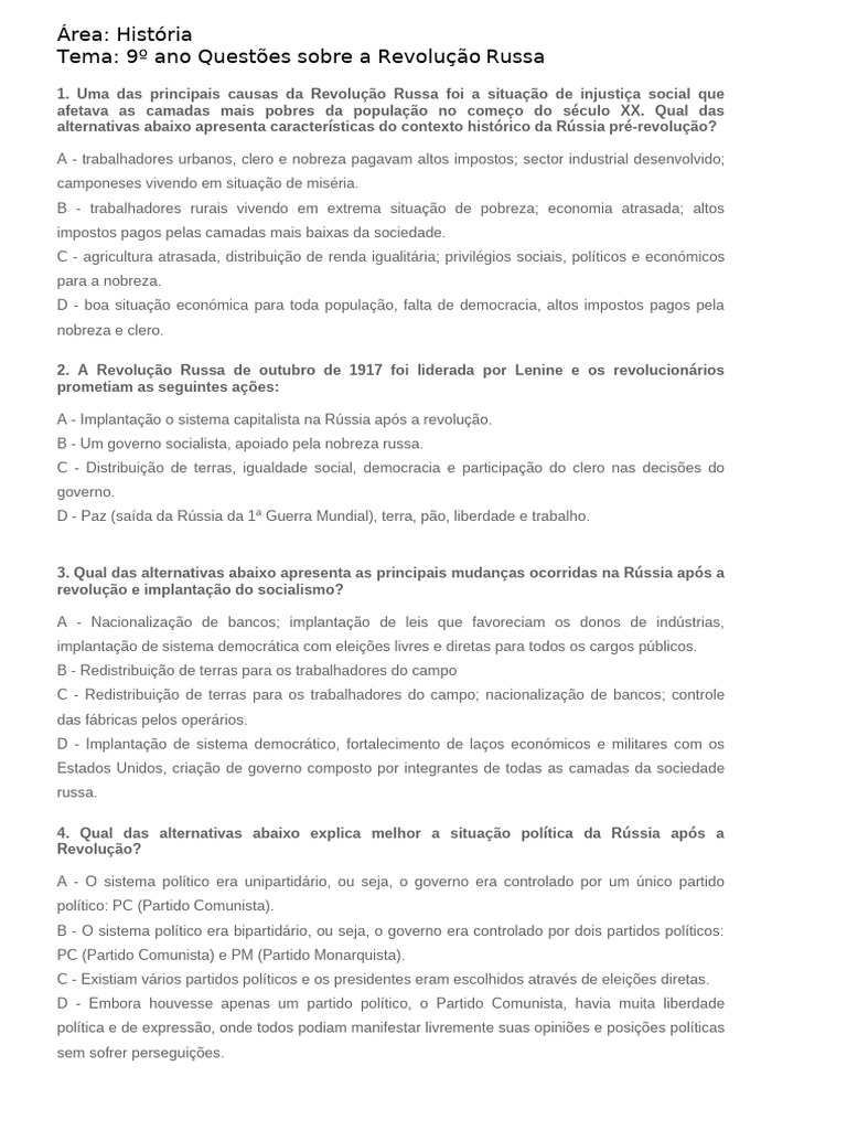 Questões sobre a Revolução Russa 9º Ano | PDF | Revolução Russa | União ...