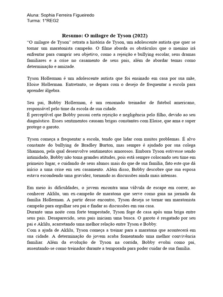 Resumo de "O Milagre de Tyson" | PDF | Assédio moral/bullying | Família