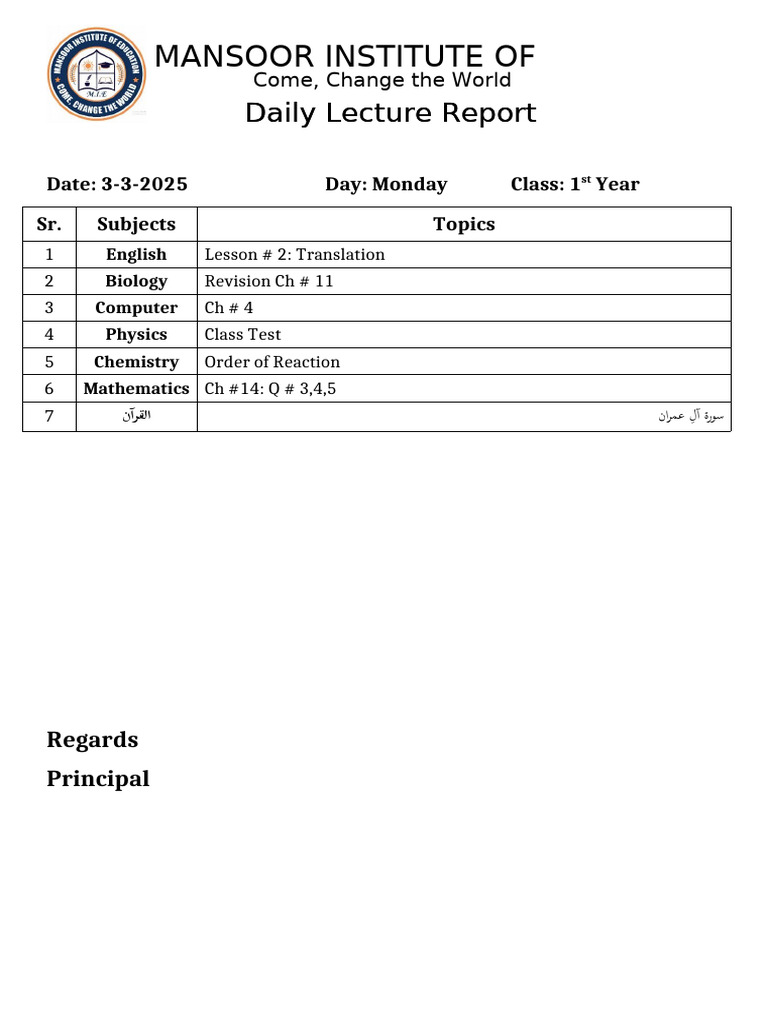Daily Lecture Report - March 3, 2025 | PDF