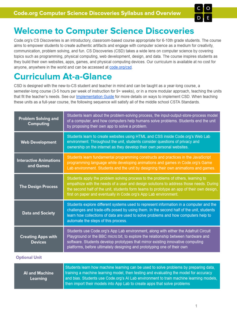 CS Discoveries Curriculum Overview | PDF | Machine Learning | Teachers