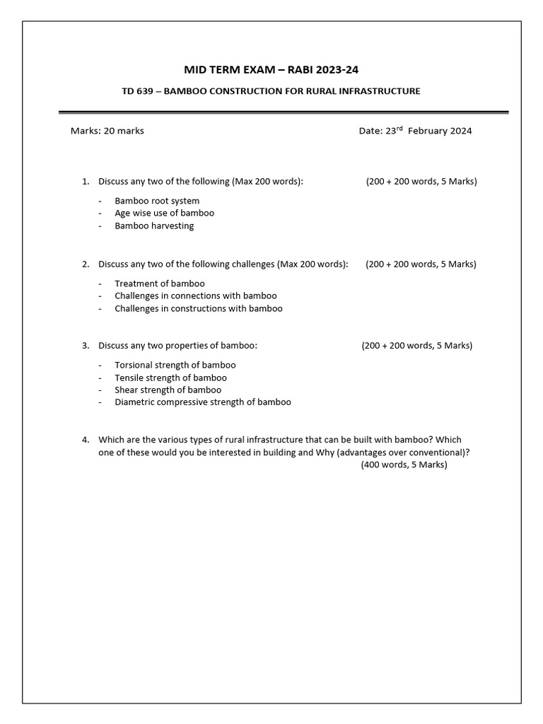 Bamboo Construction Midterm Exam 2024 | PDF