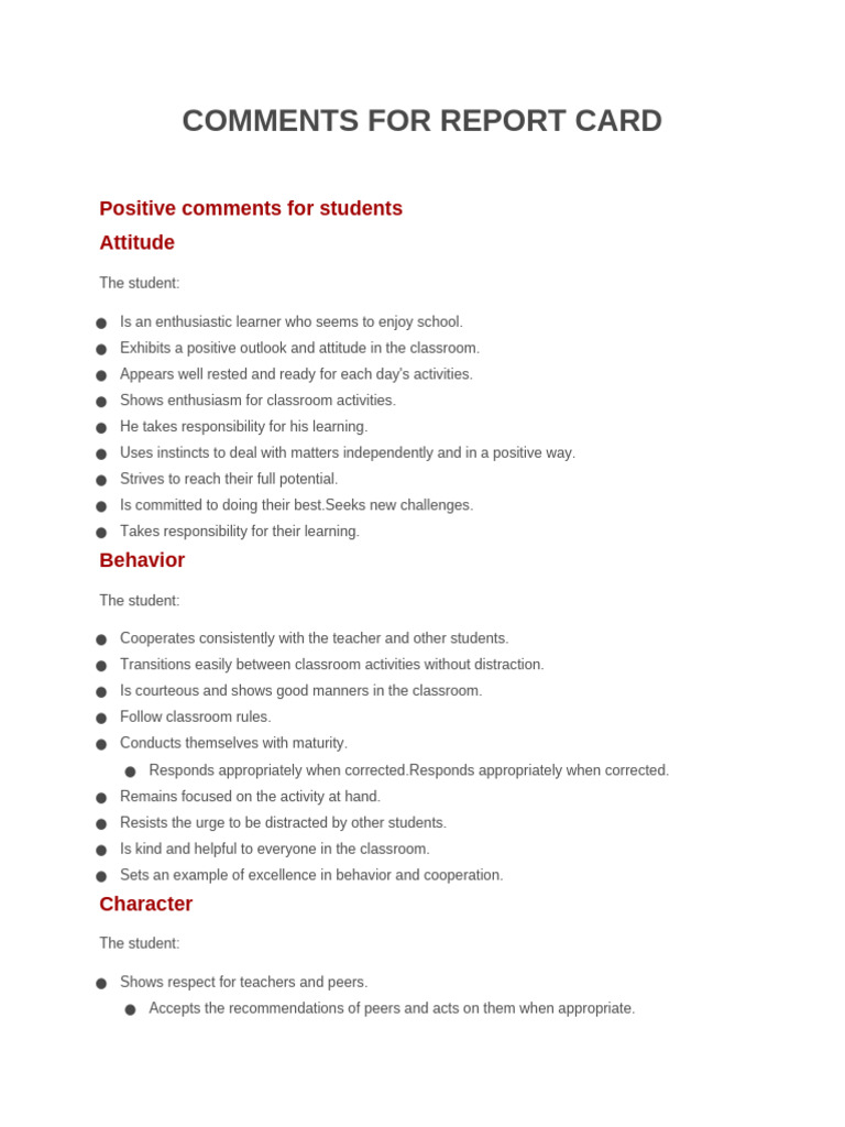 Comments For Report Card | PDF | Homework | Classroom