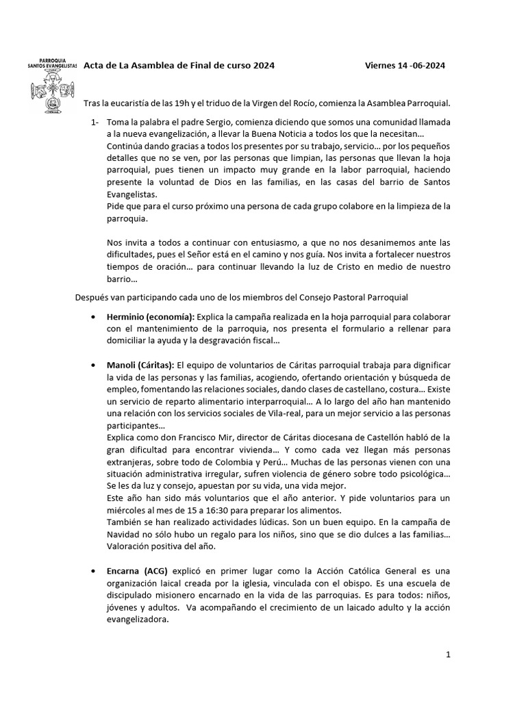 Acta de La Asamblea de Final de Curso 2024 | PDF | Oración