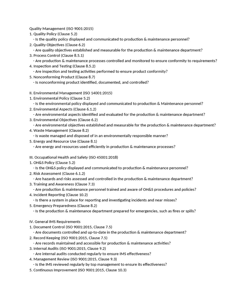 ISO 9001:2015 Audit Checklist for Maintenance | PDF | Safety