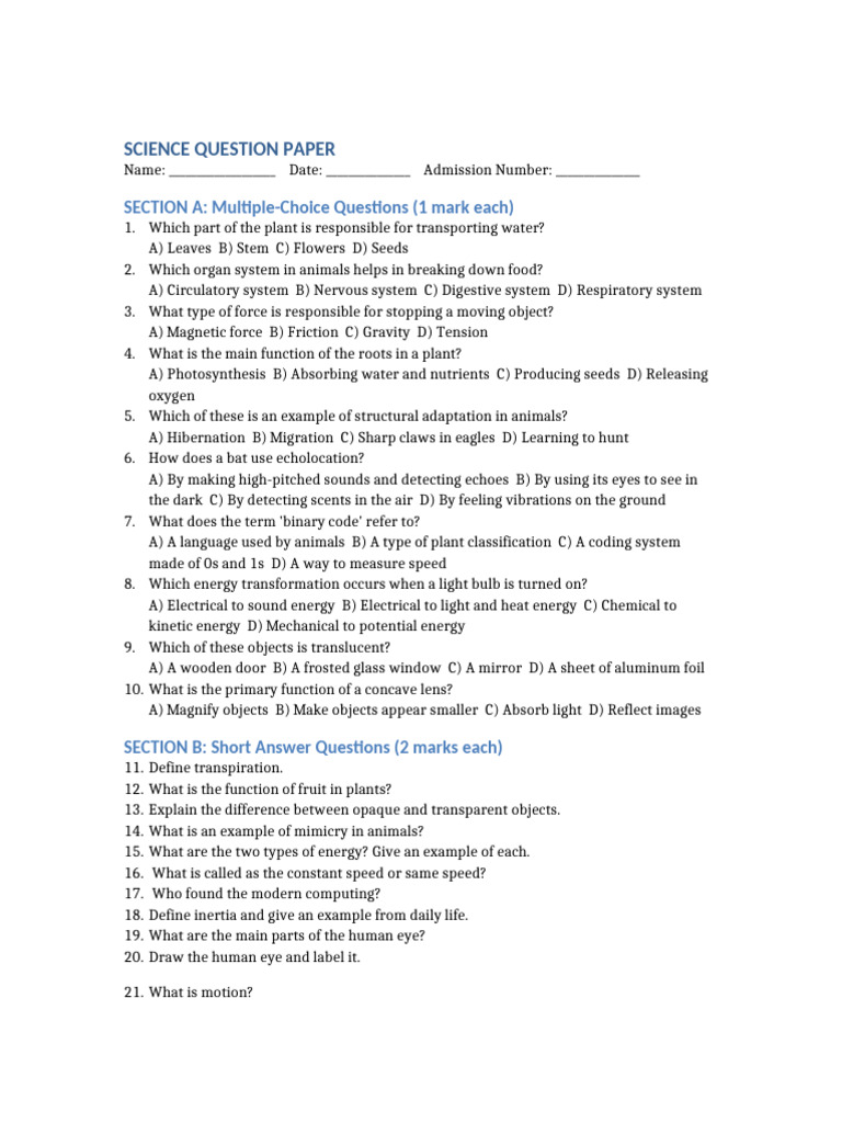 Science Question Paper Overview | PDF | Eye