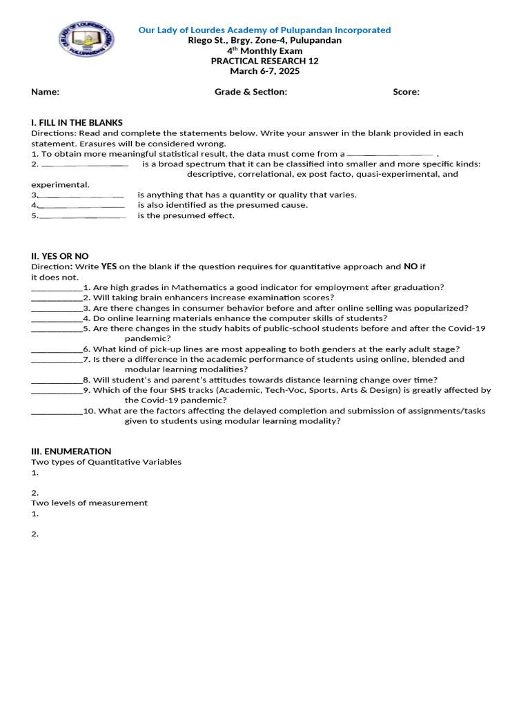 Practical Research 12 Exam Guide | PDF | Statistics | Psychology