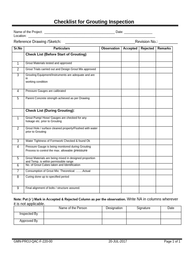 Grouting Inspection Checklist | PDF