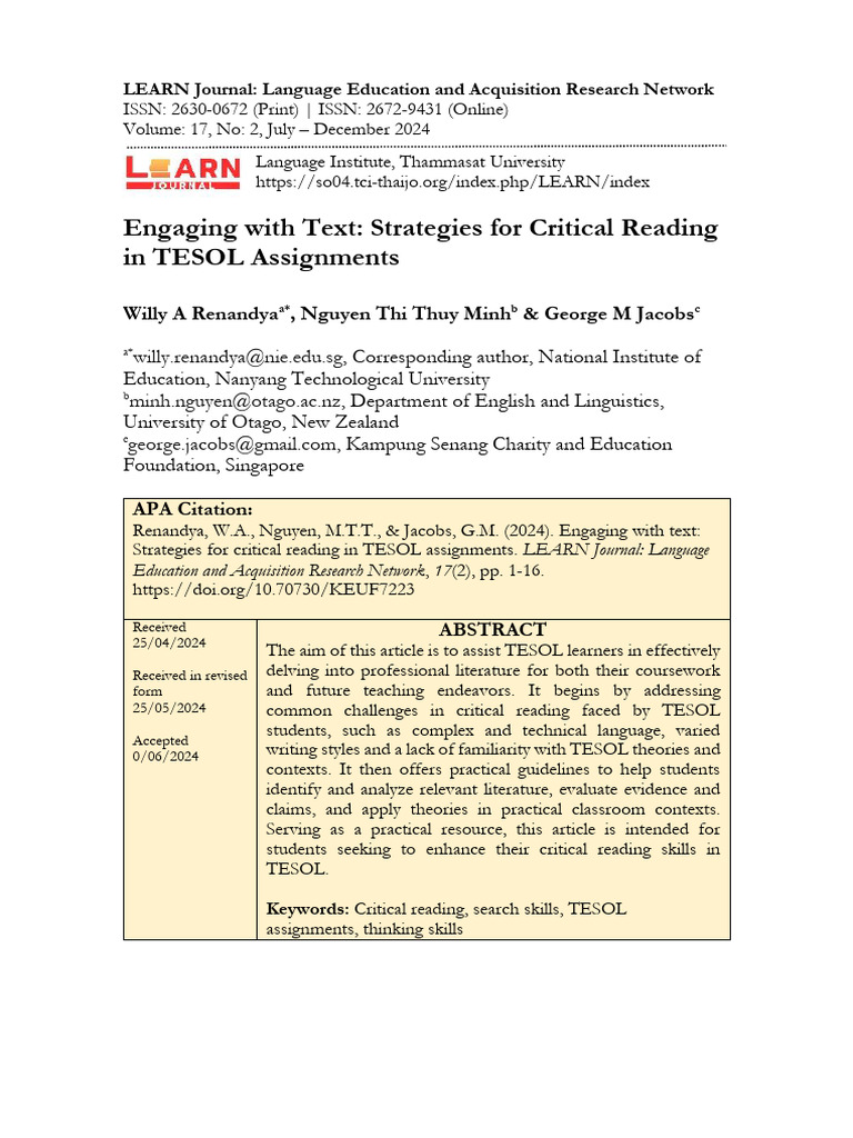 Academic+Article+1_Engaging+with+texts | PDF | English As A Second Or ...