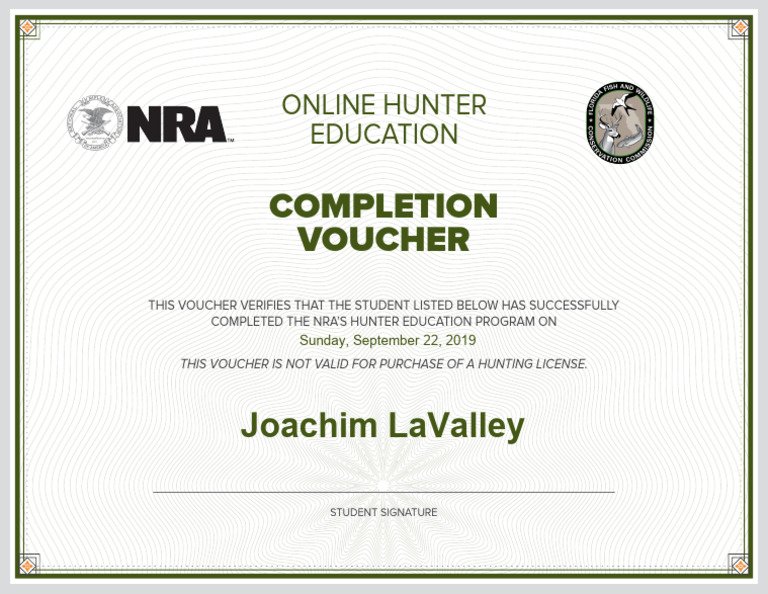 Nra Online Hunter Education Certificate PDF