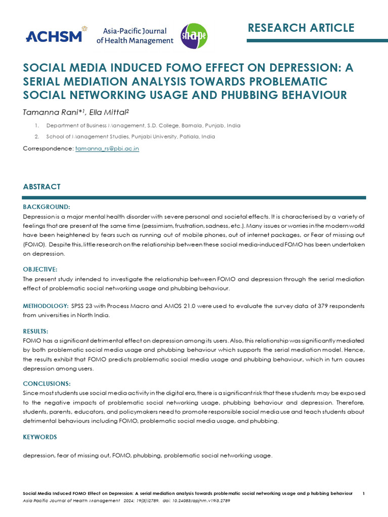 View of Cognitive bias and fear of missing out (FoMO) among Chinese ... - Springer