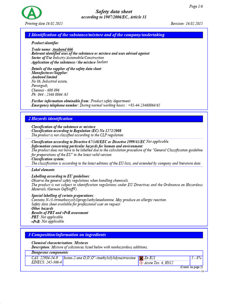 Anabond 666 RTV Silicone Sealent MSDS | PDF | Dangerous Goods | Safety