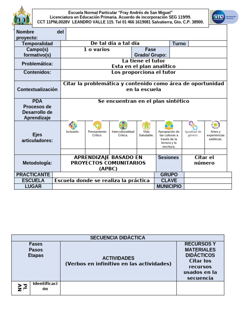 Plan de Aprendizaje Basado en Proyectos | PDF | Educación primaria ...
