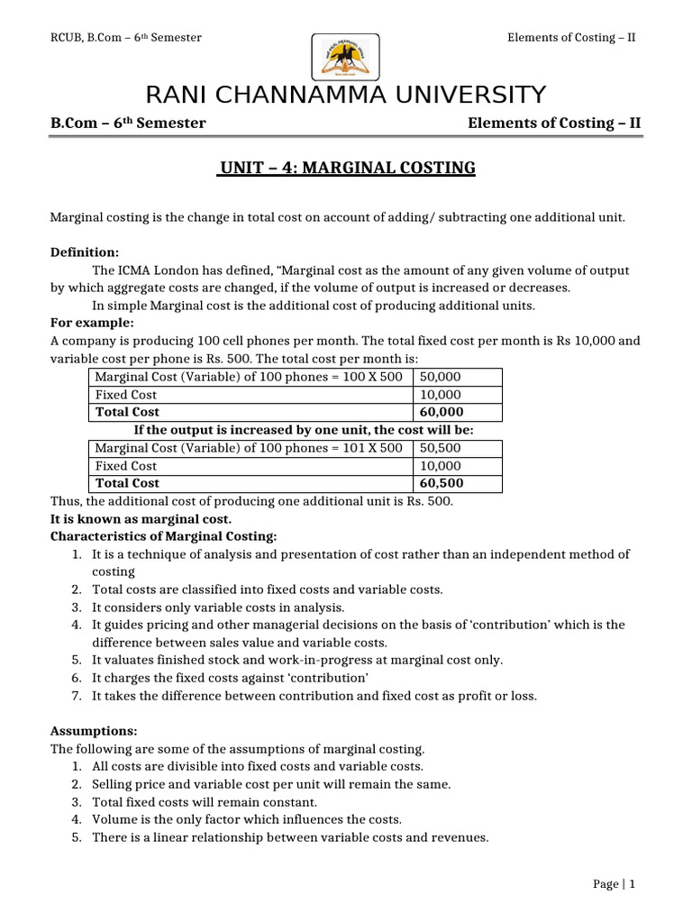 Marginal Costing Concepts and Calculations | PDF | Marginal Cost ...