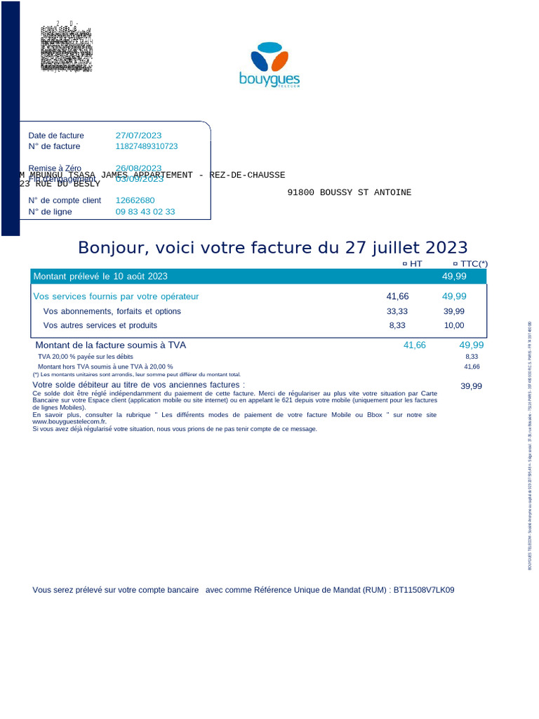 Facture Bouygues Telecom - Juillet 2023 | PDF | Technologies de l ...