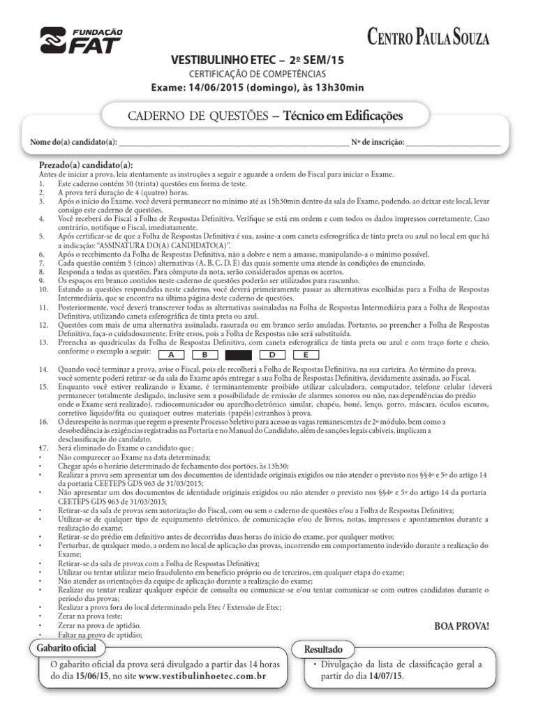 Prova Vestibulinho ETEC 2015: Edificações | PDF