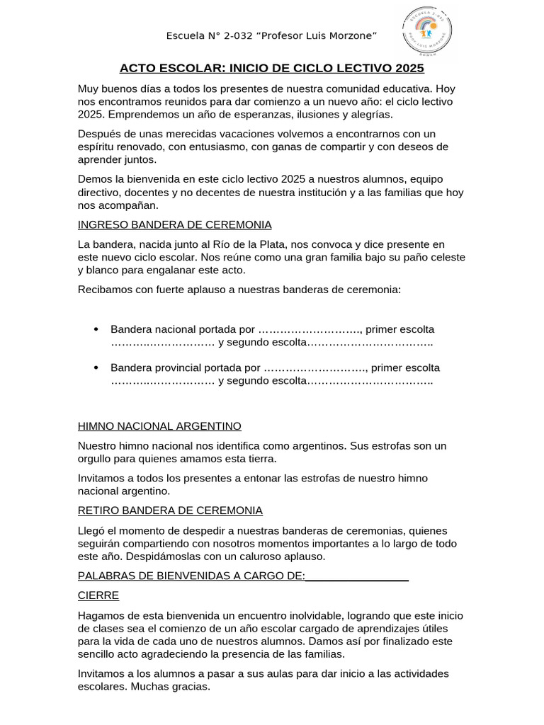 Acto Escolar Inicio de Clases 2025 | PDF