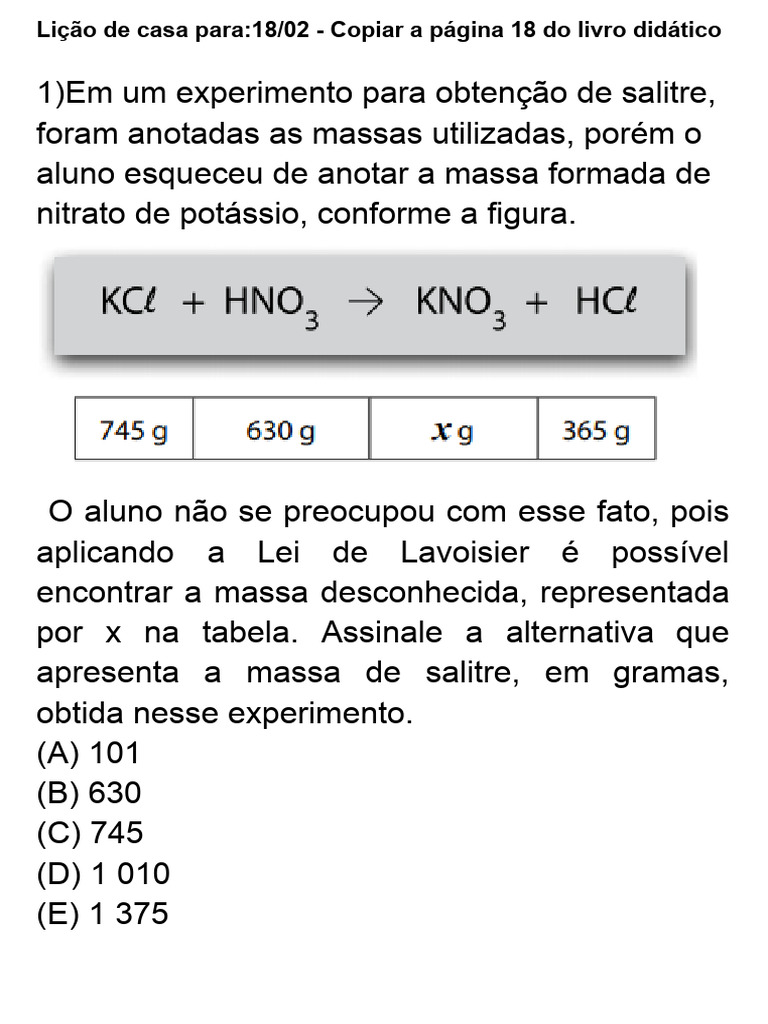 Exercícios sobre a Lei de Lavoisier | PDF | Reações químicas | Enxofre