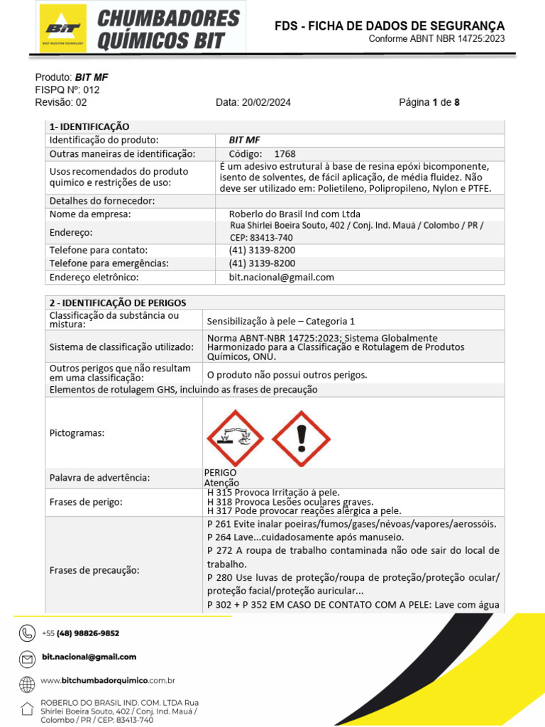 Ficha de Segurança do Produto BIT MF | PDF | Química | Substancias químicas
