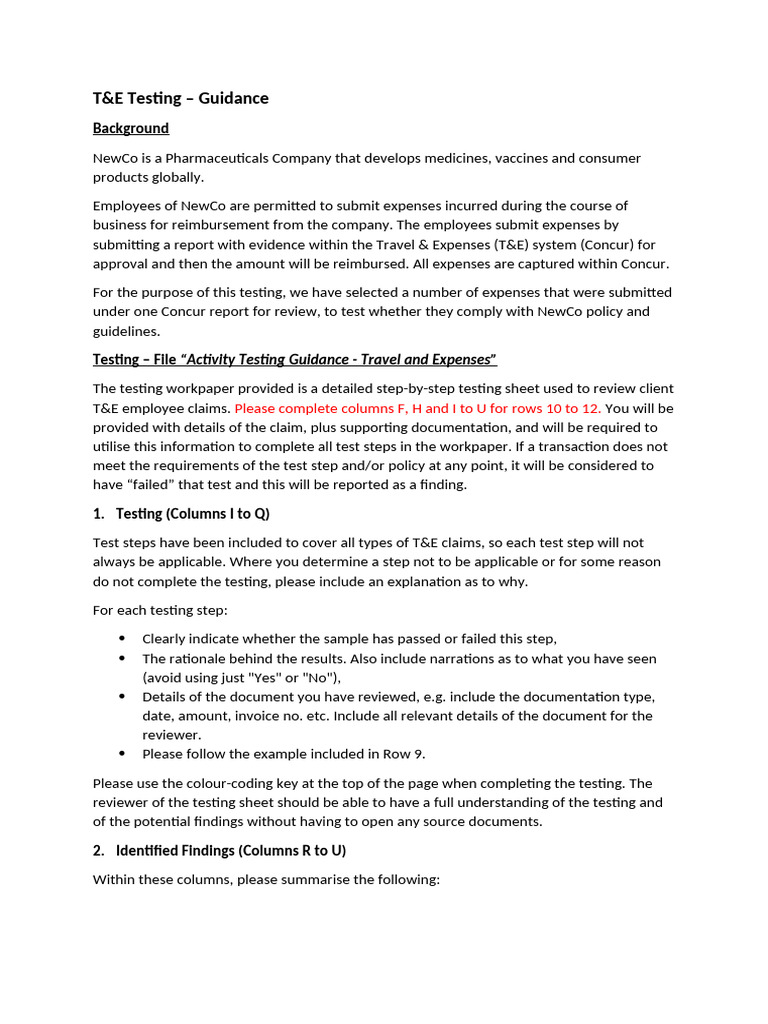 T&E Testing Guidance for NewCo Employees | PDF