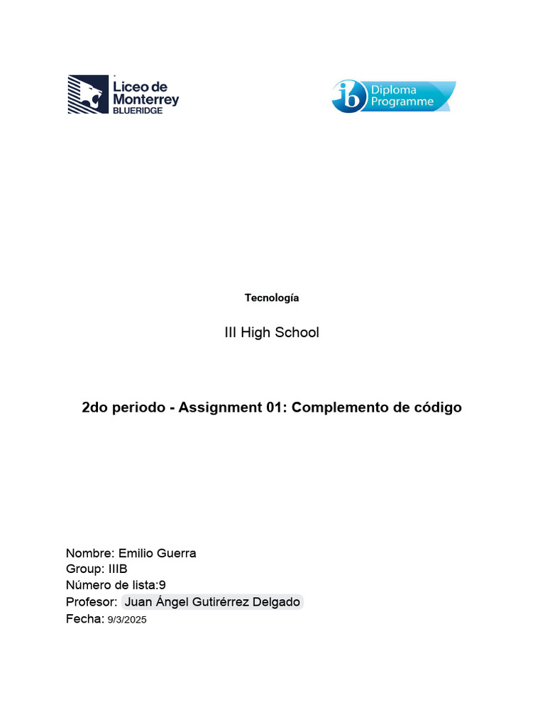 2do Periodo - Assignment 01 Complemento de Código | PDF | Inteligencia ...