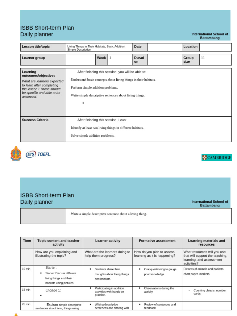 ISBB Short-term Lesson Plan Overview | PDF | Learning | Pedagogy