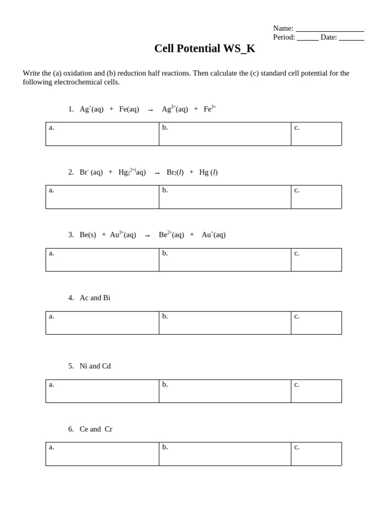 Cell Potential Calculation Worksheet | PDF | Redox | Applied And ...