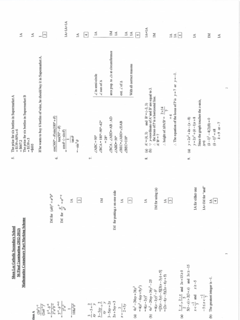 S6 Math Final Exam - Marking | PDF
