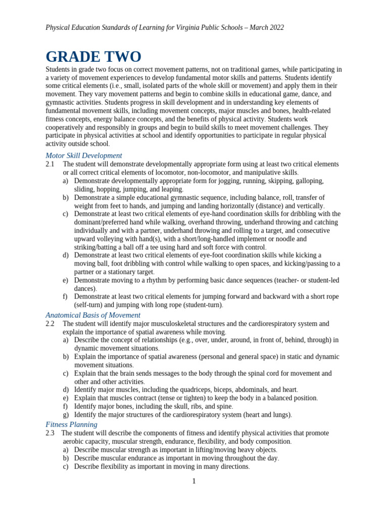 Virginia Grade 2 PE Standards 2022 | PDF | Flexibility (Anatomy ...